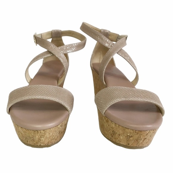 JIMMY CHOO PORTIA 120 GLITTERED METALLIC LEATHER CRISS CROSS STRAP WEDGE SANDALS - Picture 2 of 8